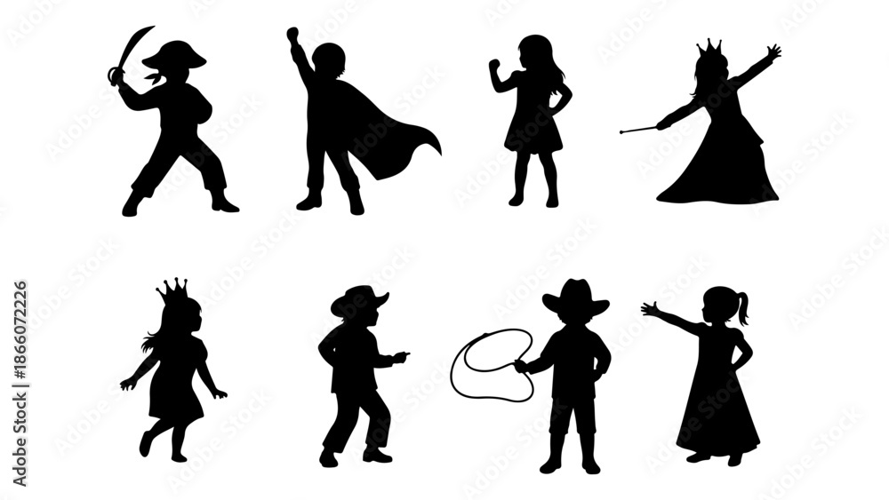 Obraz premium Children in costumes silhouettes set. Kids dressed as pirate, superhero, strongman, princess, and cowboy. Black vector illustration.
