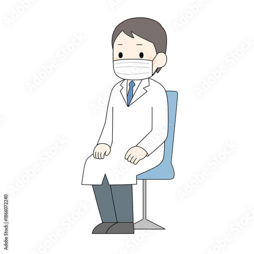 マスクを着用した白衣の男性医療従事者が椅子に座るカラーイラスト