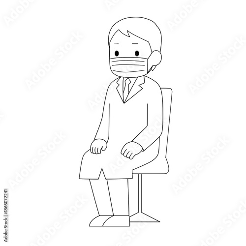 マスクを着用した白衣の男性医療従事者が椅子に座る白黒線画イラスト
