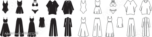 Vector Set of Women's Fashion Clothes: Black Silhouettes and Outline Garments isolated PNG with Transparent Background