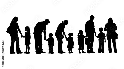Large crowd of people silhouettes. Big group of men, women, and children standing together. Diverse community vector illustration isolated on white.