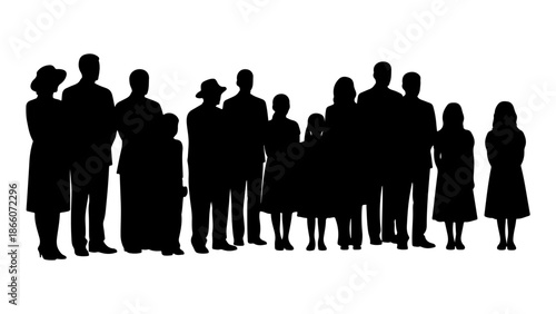 Crowd of people silhouettes. Large group of men, women, and children standing in line or queue. Diverse community vector illustration.