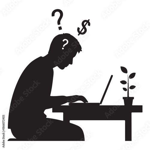 Confused Freelancer Working on Laptop with Question Mark and Growth Arrow Silhouette