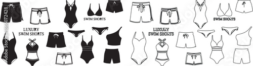 Collection of Black and Outline Swimwear Icons: Swimsuits, Bikinis, and Men's Swim Shorts with 'LUXURY SWIM SHORTS' text isolated PNG with Transparent Background