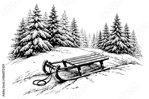 Hand drawn line art illustration of a winter landscape depicting a wooden sledge in a snowy forest for seasonal designs