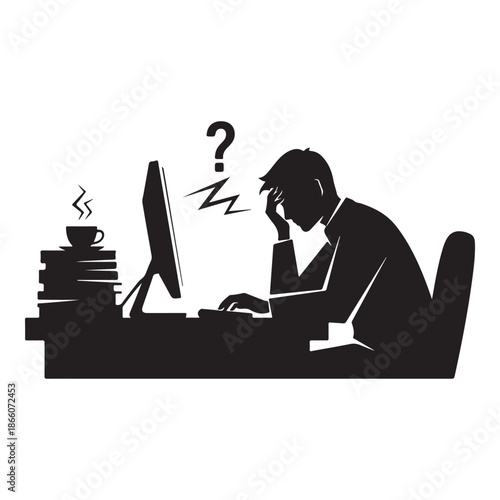 Freelancer Facing Career Confusion While Working on Laptop Silhouette Illustration