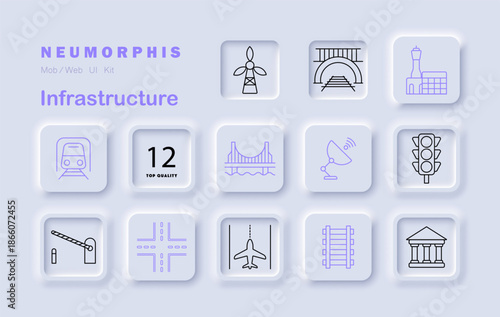 Infrastructure set icon. Includes train, bridge, tower, barrier, terminal, airport, intersection, satellite, traffic light, building in neumorphic light style