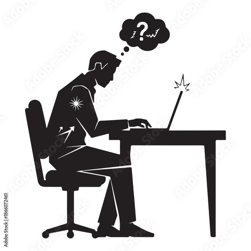  Stressed Office Worker Sitting at Desk with Computer and Work Pressure Silhouette