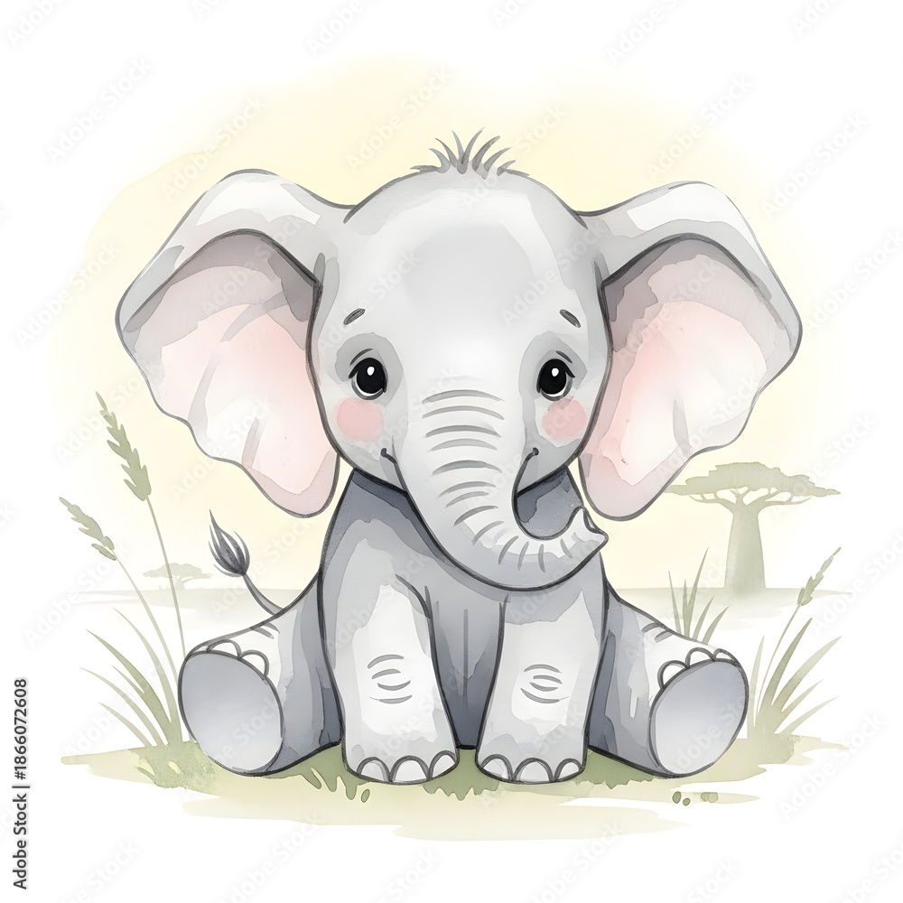 Fototapeta premium Cute baby elephant sitting in grass