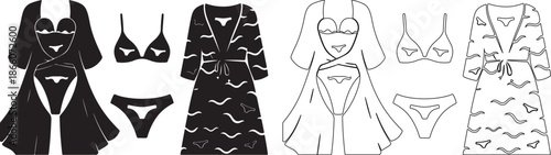 Vector Set of Women's Black and Outline Lingerie with Bat Pattern Robe, Bra, Panties isolated PNG with Transparent Background