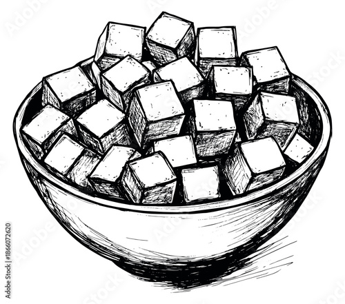 Hand drawn line art illustration of sugar cubes in a bowl depicting a sweet ingredient for cooking and beverages