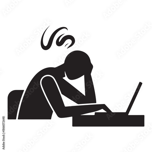Exhausted Freelancer Working Late on Laptop with Stress and Confusion Silhouette