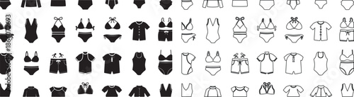 Modern Swimwear and Beachwear Icons Set. Collection of Bikini, One-Piece, Board Shorts, and Rash Guard in Line and Glyph Vector Style. isolated PNG with Transparent Background