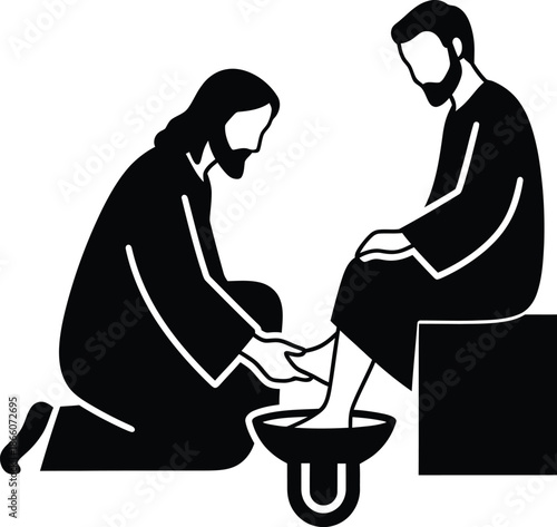 silhouette of a man, 
Jesus Christ Washing the Feet of a Disciple Vector Illustration, Biblical Scene of Humility and Service, Christian Religious Icon for Maundy Thursday, Easter, and Lent Art