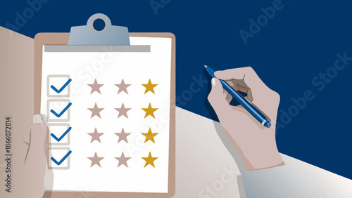 Flat vector illustration of a hand rating customer feedback on a clipboard with checkboxes