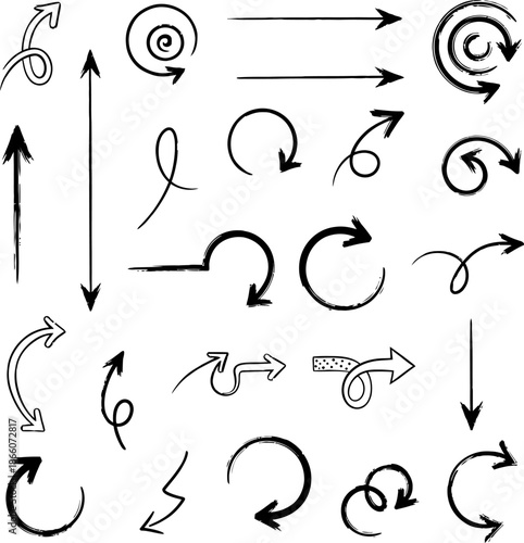 Collection of artistic hand-drawn arrows in various styles and directions, perfect for design and annotation