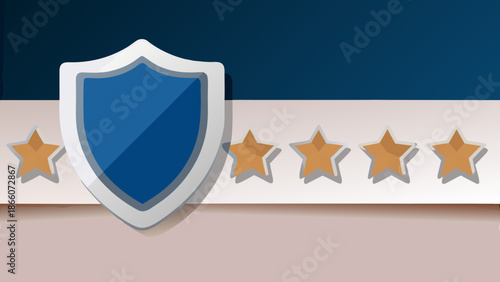 Flat vector illustration of digital reputation with shield and five gold stars on white