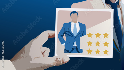 Flat vector illustration of a business man with five gold stars rating for recommendation