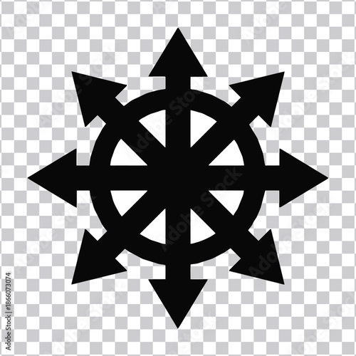 Geometric emblem with eight outward-pointing arrows, representing universal reach, divergent thinking, limitless possibilities, and interconnected paths