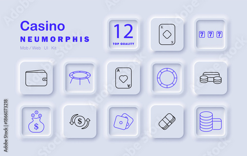 Casino set icon. Wallet, chips, cards, dollar, arrow, bag, slot, coins, play field gambling element set with finance, money, entertainment, strategy, win, transaction, risk