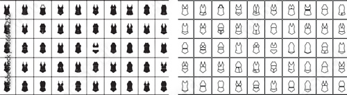 Set of Female Lingerie and Swimwear Vector Icons. Solid Black and Outline Style Collection. isolated PNG with Transparent Background