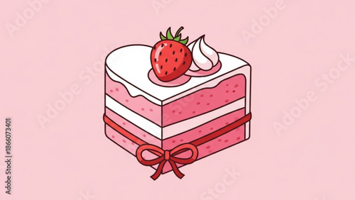 Pink Strawberry Cake with Red Ribbon on Pink Background