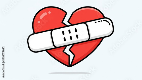Broken Heart with Bandage, Heartbreak, Love Injury and Healing, Red Heart, Cartoon Style