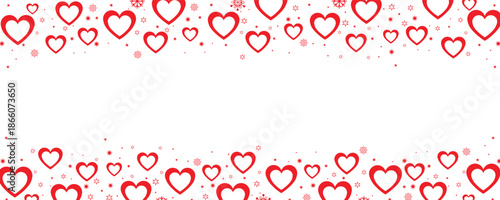 Vibrant double-row seamless border featuring clusters of red and pink hearts interspersed with sparkling white snowflakes and stars on a transparent background. Ideal for Valentine's Day greetings.