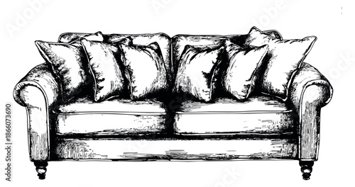Hand drawn line art illustration of a vintage sofa depicting comfortable seating for interior design