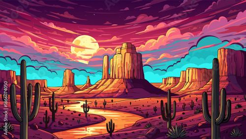Vibrant vector illustration of a desert landscape at sunset with cactuses, mountains, and a winding river under a colorful sky