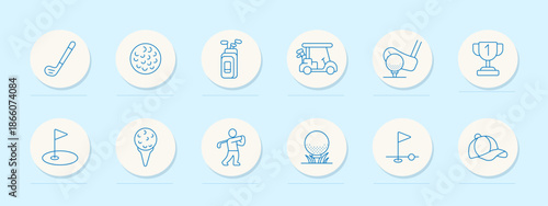 Golf set icon. Circular linear icons depicting clubs, ball, cart, hole, tee, swing, trophy, flags, shoes, and player silhouettes in a simplified, outlined visual presentation