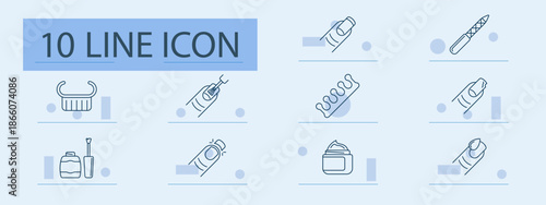 Nail care set icon. Brush, nail polish, cutter, gel, file, cream, hand, manicure, design, beauty, cosmetic, finger, shape, clean, gloss, care, tool, grooming, hygiene