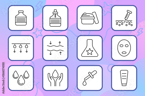 Skincare set icon. Serum, cream, lotion, mask, drops, moisture, hydration, elasticity, injection, formula, pipette, ingredient, beauty, face, cosmetic, laboratory, skincare, rejuvenation, 