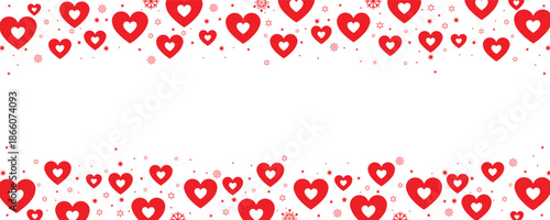 Vibrant double-row seamless border featuring clusters of red and pink hearts interspersed with sparkling white snowflakes and stars on a transparent background. Ideal for Valentine's Day greetings.