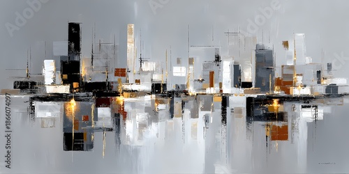 Panel kuchenny z motywem Abstract city skyline reflected on water with muted tones and glow