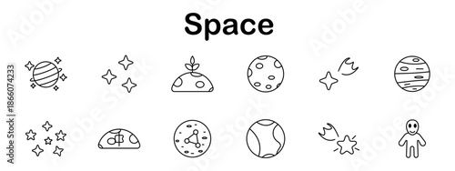 Space set icon. Striped planet, sparkles, sprouting moon, cratered sphere, comet, gas planet, starburst, flying saucer, ringed planet, orbit sphere, exploding world, alien.