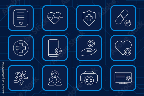 Healthcare and medical set icon. Heartbeat, cross, doctor, medicine, mobile health, protection, report, emergency, patient care, first aid, health system.