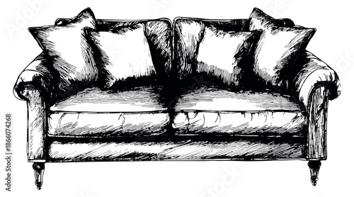 Hand drawn line art illustration of a sofa depicting classic comfortable furniture for home interior