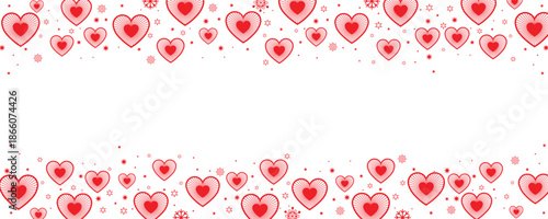 Vibrant double-row seamless border featuring clusters of red and pink hearts interspersed with sparkling white snowflakes and stars on a transparent background. Ideal for Valentine's Day greetings.