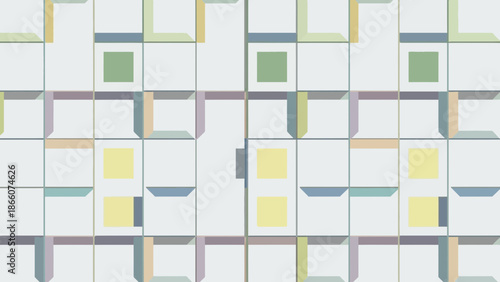 Abstract geometric pattern with pastel colored squares and cubes