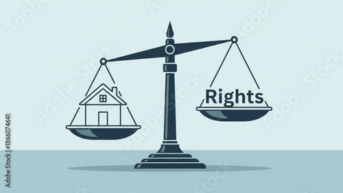 Balance Scale Weighing House and Rights on Light Blue Background