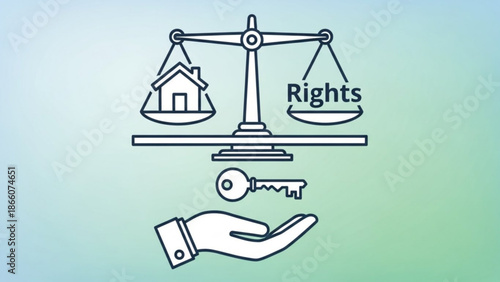 Justice Scale Balancing House and Rights with Key in Hand Symbolizing Equality