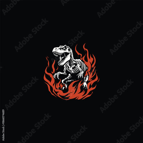 Vintage engraving of a Tyrannosaurus Rex dinosaur skeleton emerging from mystical flames.