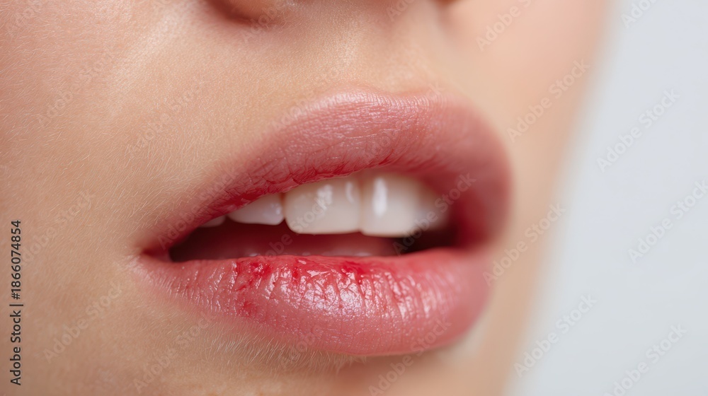 Obraz premium Close-up photograph of a young woman's mouth showing inflamed red gums with light bleeding on a white background