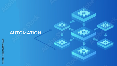 Isometric automation workflow with gears and connected blocks on blue background