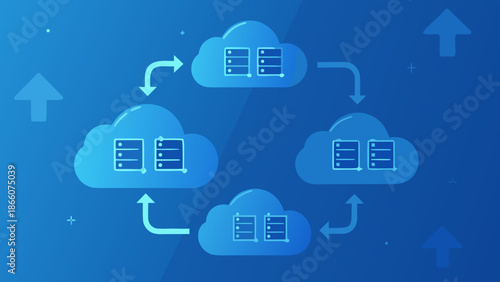 Cloud computing concept with interconnected servers and data flow arrows on a blue background