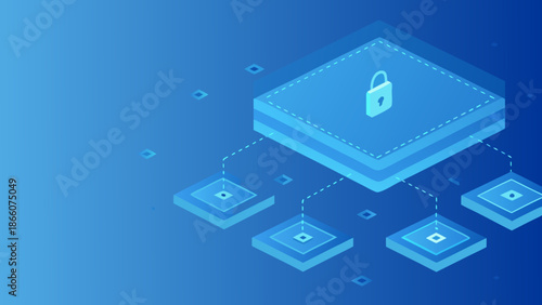 Flat isometric illustration of cybersecurity concept with a locked server and connected nodes