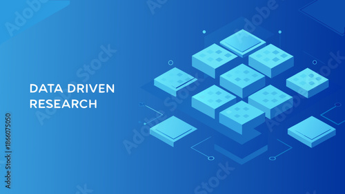 Abstract data driven research concept with isometric cubes and blue gradient background