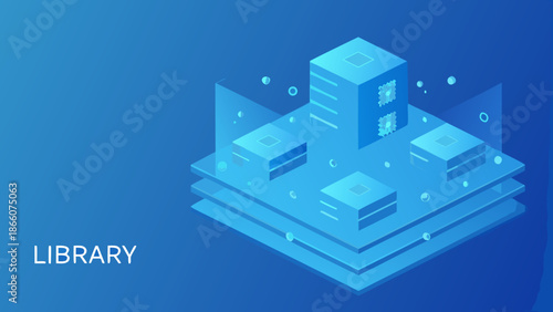 Isometric digital library concept with abstract glowing data blocks and circuits on a blue