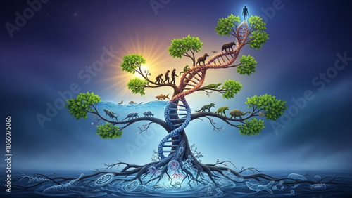 DNA Tree with Roots and Branches Symbolizing Life and Genetics
